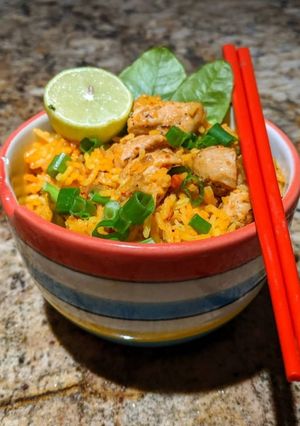 A picture of Malaysian chicken Fried Rice.