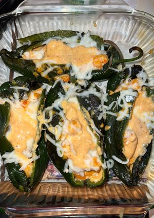 A picture of Shrimp-Stuffed Poblano Peppers in Chipotle Cream Sauce.