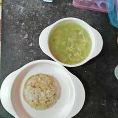 A picture of MPasi 11mos+ nasgor lembek+kuah oyong telur.