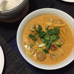 Chicken meatball in thai red curry sauce A picture of Chicken meatball in thai red curry sauce.