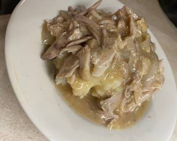 Update, Cooking Recipe Shredded chicken and gravy over mashed potatoes Practical Delicious