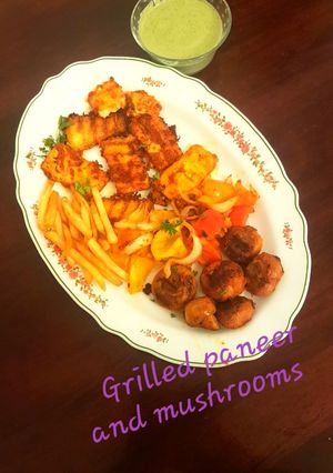 A picture of Grilled Paneer and Mushrooms.