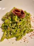 Busiate with Zucchini-Basil Pesto, Anchovies, and Chopped Almonds