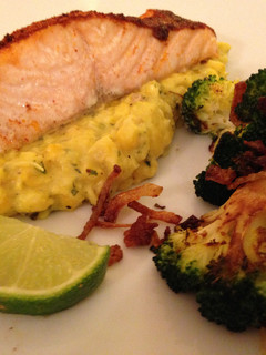 A picture of Cajun Salmon and Sweetcorn Puree with Broccoli and Fried Onions.
