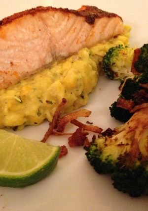 A picture of Cajun Salmon and Sweetcorn Puree with Broccoli and Fried Onions.