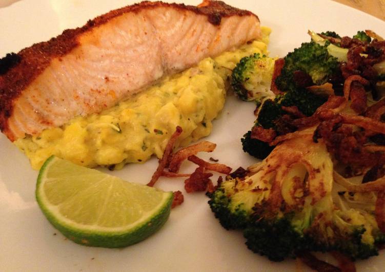 Recipe of Quick Cajun Salmon and Sweetcorn Puree with Broccoli and Fried Onions