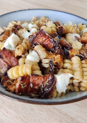 Una foto de Fusilli con calabaza, guanciale y gorgonzola