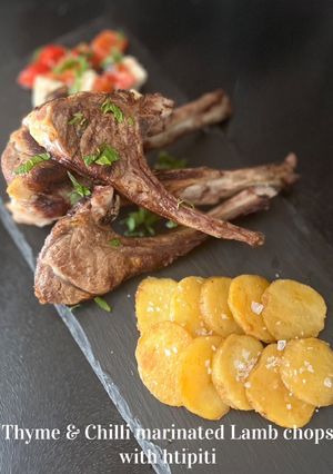 A picture of Lamb cutlets with thyme, chilli & Greek htipiti.