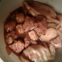 A picture of Mandarin pork with dumplings. Instant pot recipe.