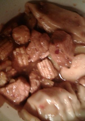 A picture of Mandarin pork with dumplings. Instant pot recipe.