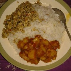 A picture of White rice with egg sauce and potato porridge.