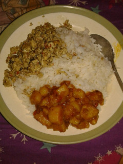 A picture of White rice with egg sauce and potato porridge.