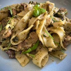A picture of Tagliatelle with Bread Tree Nut (chestnut) Pesto.