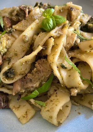 A picture of Tagliatelle with Bread Tree Nut (chestnut) Pesto.