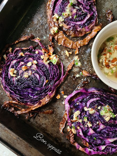 A picture of Roasted red cabbage with almond vinaigrette.