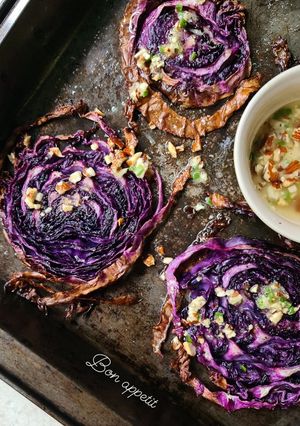 A picture of Roasted red cabbage with almond vinaigrette.