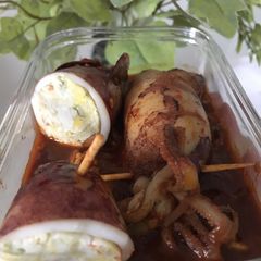 A picture of Stuffed-Squid In Scrambled Egg Sambal Sauce.