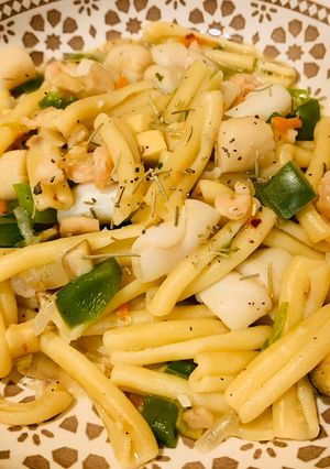 A picture of Bell Pepper Seafood Pasta.