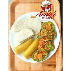 A picture of Special Egg n veggies sauce with Boiled Yam and Plantain.