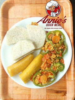 A picture of Special Egg n veggies sauce with Boiled Yam and Plantain.