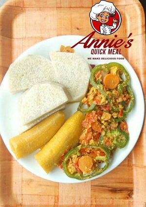 A picture of Special Egg n veggies sauce with Boiled Yam and Plantain.