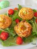 Nidi di spaghetti al latte e parmigiano con cavolini di Bruxelle