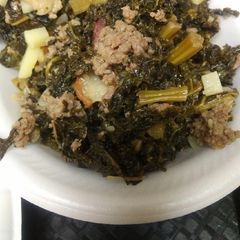A picture of Kale, Beef, and Bacon.