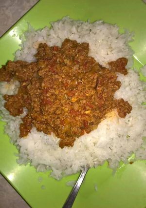 A picture of Minced meat and rice.