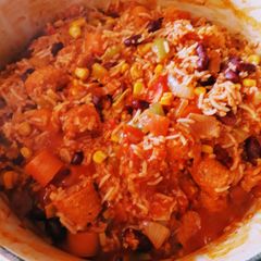 A picture of Vegan sausage jambalaya.