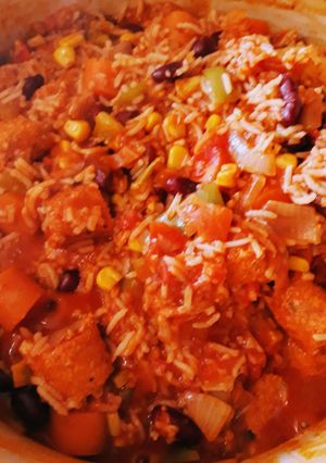 A picture of Vegan sausage jambalaya.