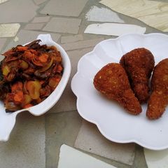 Meat Stuffed Potatoe Drumsticks with Catfish sauce A picture of Meat Stuffed Potatoe Drumsticks with Catfish sauce.