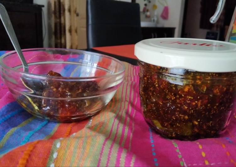 Sweet and sour raw mango pickle or achaar