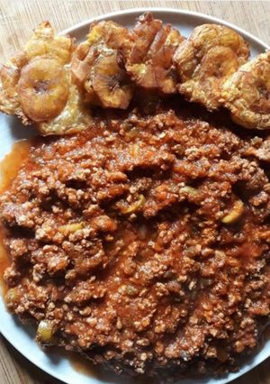 A picture of Cuban Picadillo with Tostones.