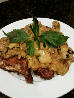 A picture of Brad's fried chicken with thai panang curry sauce.