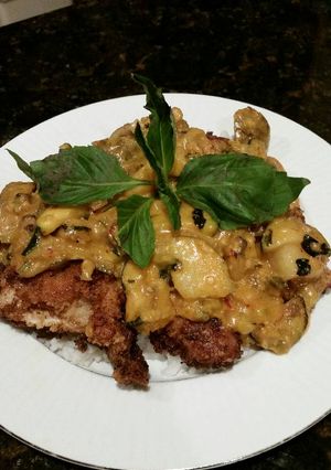 A picture of Brad's fried chicken with thai panang curry sauce.