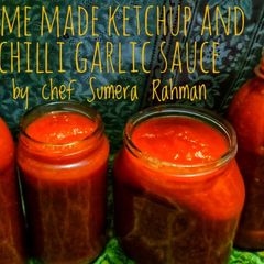 A picture of Homemade ketchup and chilli garlic sauce.