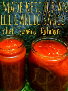 A picture of Homemade ketchup and chilli garlic sauce.