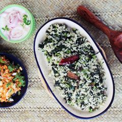 A picture of Rice and Harve (Amarnthus) Soppu Salad.