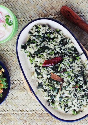 A picture of Rice and Harve (Amarnthus) Soppu Salad.