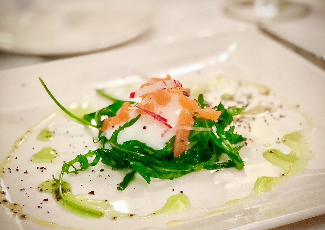 65ÂºC / 149ÂºF slow cooked egg with salmon rocket salad