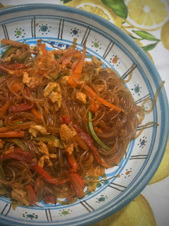 A picture of Soybean Spaghetti with Vegetables and Egg.