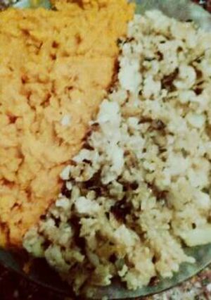 Una foto de Revuelto de pollo y arroz con puré de zapallo