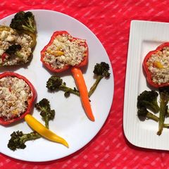 A picture of Baked capsicum with paneer and broccoli.