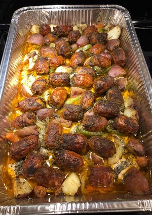 A picture of Roasted Chicken Thighs with Hot Italian Sausage.