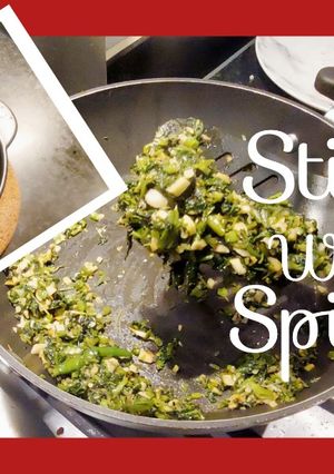A picture of Water Spinach fry with Garlic pods or Rashun diy Kolmi Shaak Bhaja.