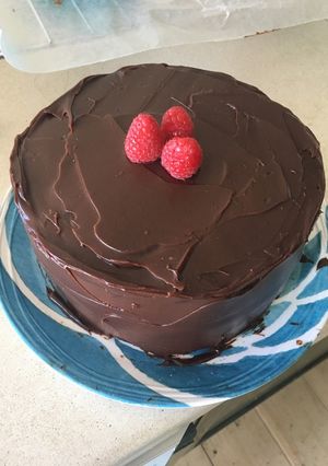 A picture of Vanilla Cake with Chocolate Frosting.