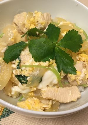 Une photo de Oyako don, Omelette aux poulet et riz