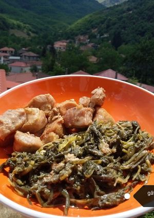 O poză a rețetei Bucățele de porc cu horta (verdeață sălbatică).