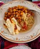 Honeyed hallloumi on Harissa Tabbouleh with chickpeas tomatoes and yoghurt
