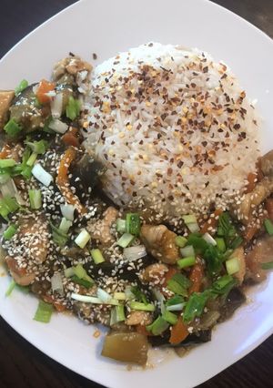 A picture of Stir-fried eggplant with chicken (a twist on P.F. Chang’s stir-fried spicy eggplant recipe).